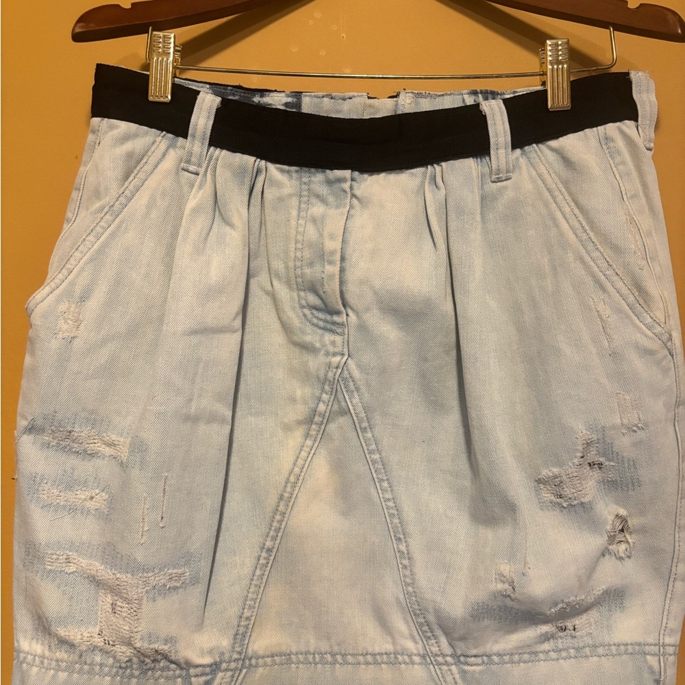 Dolce & Gabbana Light Blue Distressed Pencil Skirt with Black Waistband size 12